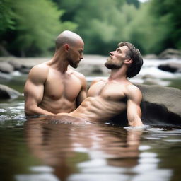 A smooth, hairless, skinny young man, around 18 years old, is laying on a rock by a mountain stream