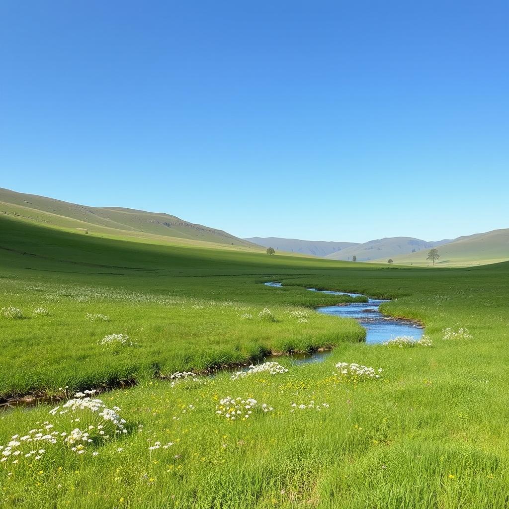 A serene landscape featuring a lush green meadow with wildflowers, a clear blue sky, and a gentle stream flowing through the scene