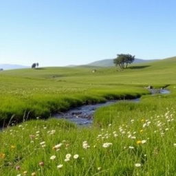 A serene landscape featuring a lush green meadow with wildflowers, a clear blue sky, and a gentle stream flowing through the scene