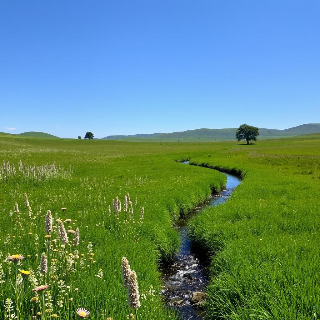 A serene landscape featuring a lush green meadow with wildflowers, a clear blue sky, and a gentle stream flowing through the scene