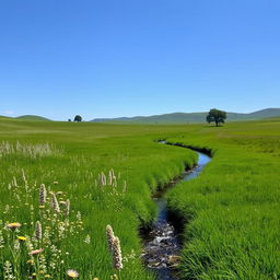 A serene landscape featuring a lush green meadow with wildflowers, a clear blue sky, and a gentle stream flowing through the scene