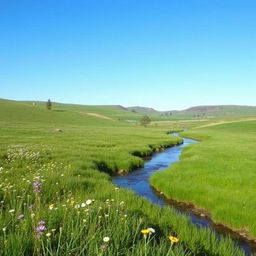 A serene landscape featuring a lush green meadow with wildflowers, a clear blue sky, and a gentle stream flowing through the scene