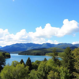 A beautiful landscape featuring a serene lake surrounded by lush green trees and mountains in the background, with a clear blue sky and fluffy white clouds