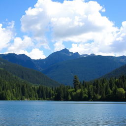 A beautiful landscape featuring a serene lake surrounded by lush green trees and mountains in the background, with a clear blue sky and fluffy white clouds