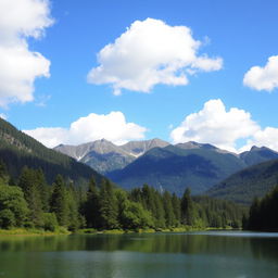 A beautiful landscape featuring a serene lake surrounded by lush green trees and mountains in the background, with a clear blue sky and fluffy white clouds