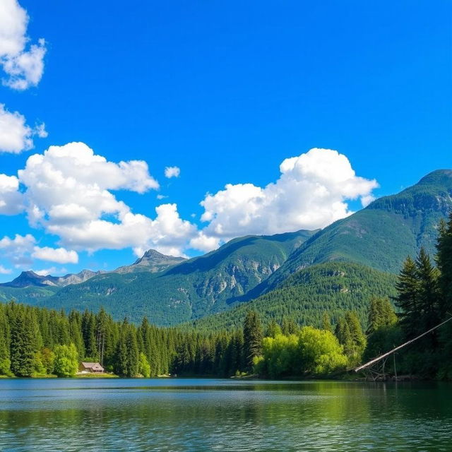 A beautiful landscape featuring a serene lake surrounded by lush green trees and mountains in the background, with a clear blue sky and fluffy white clouds