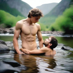 An 18-year-old son, smooth and hairless with no beard, is laying shirtless on a rock by a mountain stream