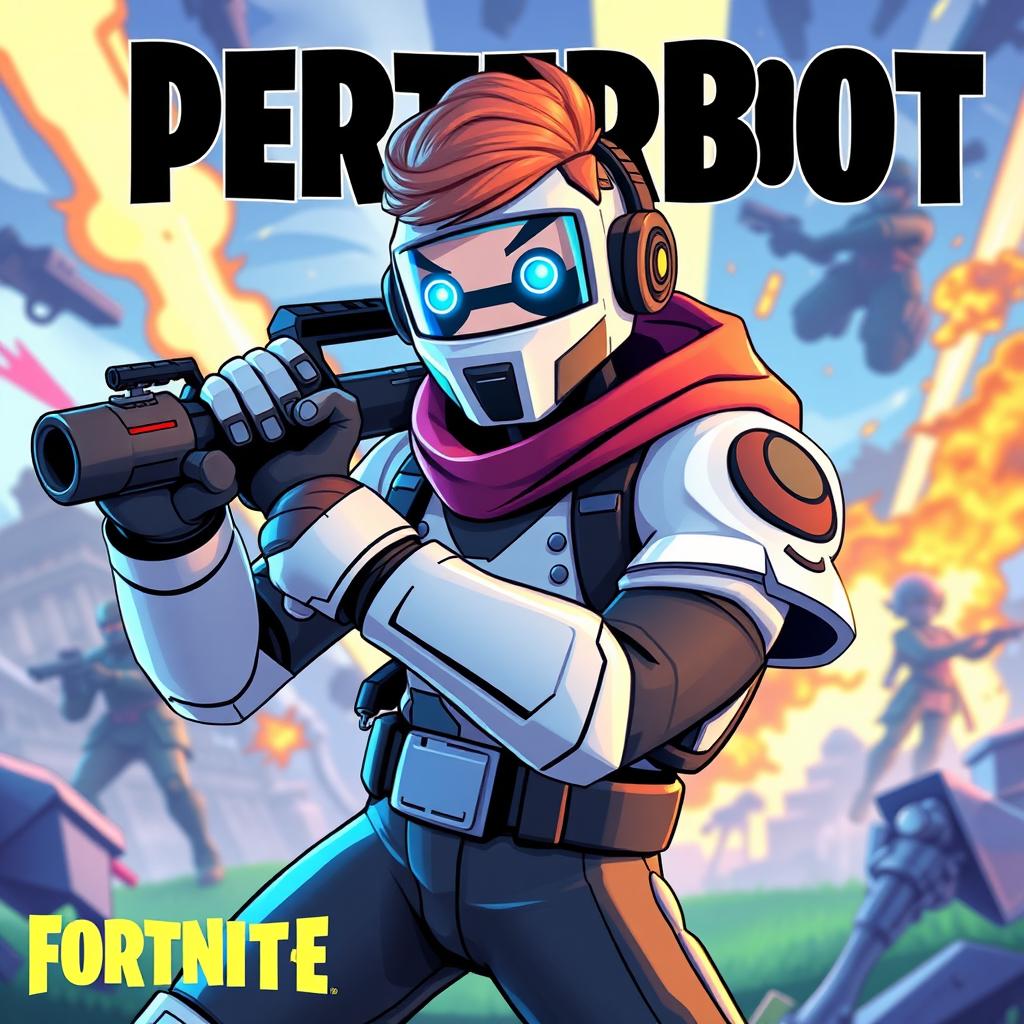 Create a vibrant and dynamic thumbnail featuring PeterBot, the professional Fortnite player