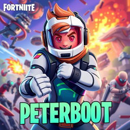 Create a vibrant and dynamic thumbnail featuring PeterBot, the professional Fortnite player