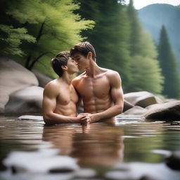 A serene mountain stream setting with a shirtless, smooth, hairless, and skinny 18-year-old son laying on a rock