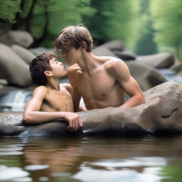 A serene mountain stream setting with a shirtless, smooth, hairless, and skinny 18-year-old son laying on a rock