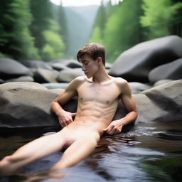 A serene mountain stream setting with a shirtless, smooth, hairless, and skinny 18-year-old son laying on a rock