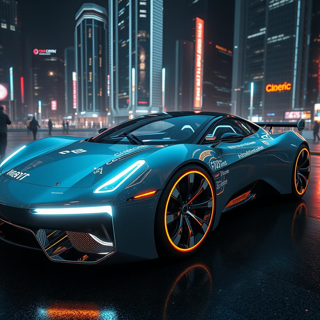 A highly detailed concept of a futuristic car featuring LED lights and an aerodynamic design