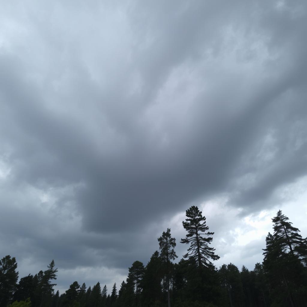 A cloudy sky over a dense forest