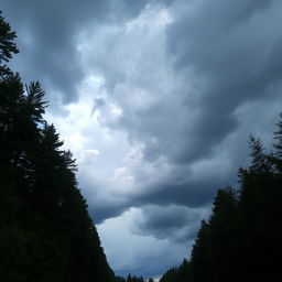 A cloudy sky over a dense forest