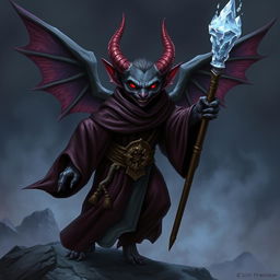 A flying winged kobold with black-cherry skin and an evil smile, dressed in rich-looking dark robes