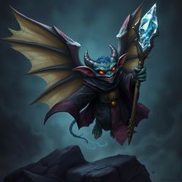 A flying winged kobold with black-cherry skin and an evil smile, dressed in rich-looking dark robes