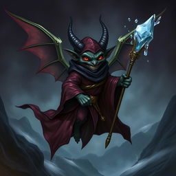 A flying winged kobold with black-cherry skin and an evil smile, dressed in rich-looking dark robes