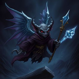 A flying winged kobold with black-cherry skin and an evil smile, dressed in rich-looking dark robes