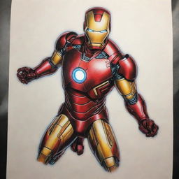 A vibrant and detailed tattoo design featuring Iron Man in an action pose