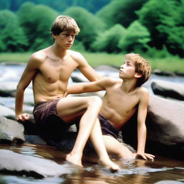 A shirtless teenage boy, around 17 years old, with a smooth and hairless body, wearing ripped jean shorts, is laying on a rock by a mountain stream