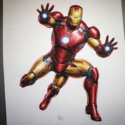 A vibrant and detailed tattoo design featuring Iron Man in an action pose