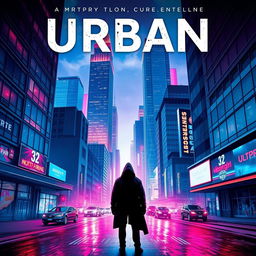 Create a visually striking urban novel cover featuring a modern cityscape with tall skyscrapers, bustling streets, and a mysterious figure in the foreground