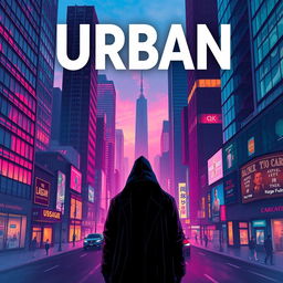 Create a visually striking urban novel cover featuring a modern cityscape with tall skyscrapers, bustling streets, and a mysterious figure in the foreground