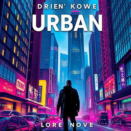 Create a visually striking urban novel cover featuring a modern cityscape with tall skyscrapers, bustling streets, and a mysterious figure in the foreground