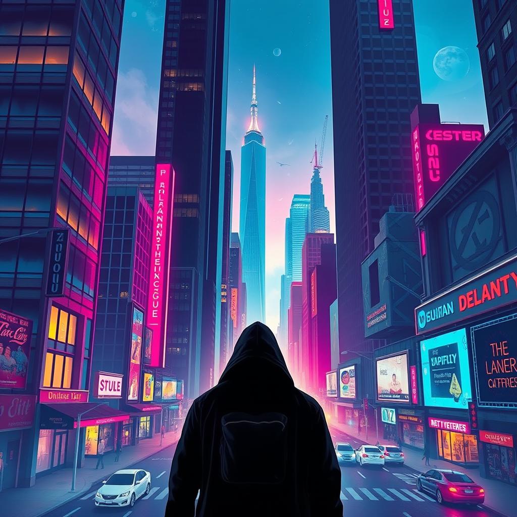 Create a visually striking urban novel cover featuring a modern cityscape with tall skyscrapers, bustling streets, and a mysterious figure in the foreground