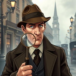 A detailed illustration of a 19th century England detective, wearing a classic Victorian-era suit and a deerstalker hat, holding a magnifying glass