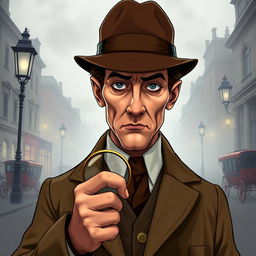 A detailed illustration of a 19th century England detective, wearing a classic Victorian-era suit and a deerstalker hat, holding a magnifying glass