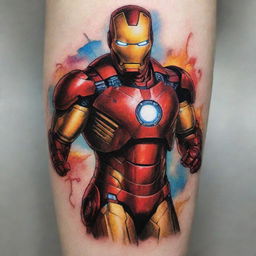 A vibrant and detailed tattoo design featuring Iron Man in an action pose