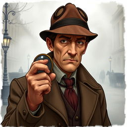 A detailed illustration of a 19th century England detective, wearing a classic Victorian-era suit and a deerstalker hat, holding a magnifying glass