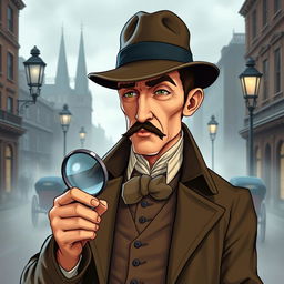 A detailed illustration of a 19th century England detective, wearing a classic Victorian-era suit and a deerstalker hat, holding a magnifying glass