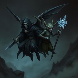 An undead warlock flying alongside a winged kobold with black-cherry skin and an evil smile