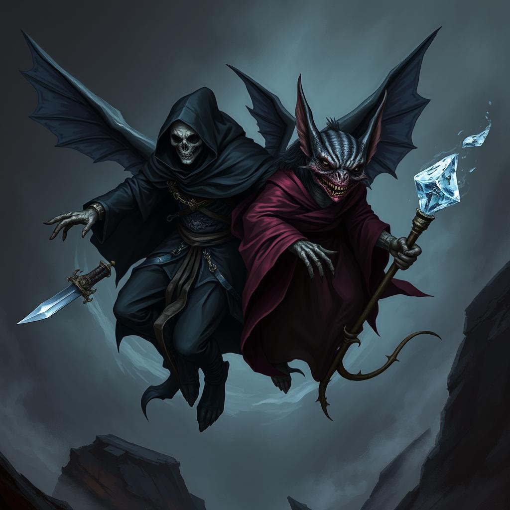 An undead warlock flying alongside a winged kobold with black-cherry skin and an evil smile