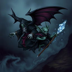 An undead warlock flying alongside a winged kobold with black-cherry skin and an evil smile