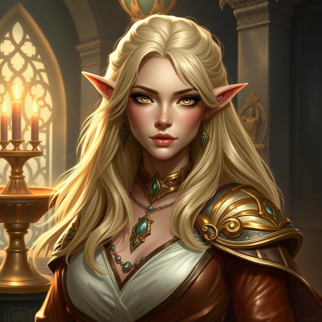 A high elf cleric with blonde hair, exuding an aura of privilege and wealth