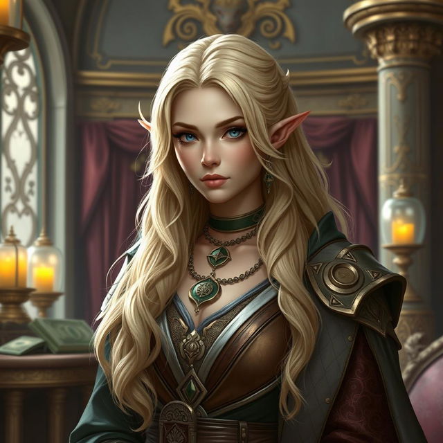 A high elf cleric with blonde hair, exuding an aura of privilege and wealth