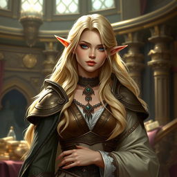 A high elf cleric with blonde hair, exuding an aura of privilege and wealth