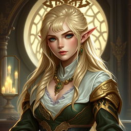 A high elf cleric with blonde hair, exuding an aura of privilege and wealth