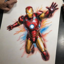 A vibrant and detailed tattoo design featuring Iron Man in an action pose