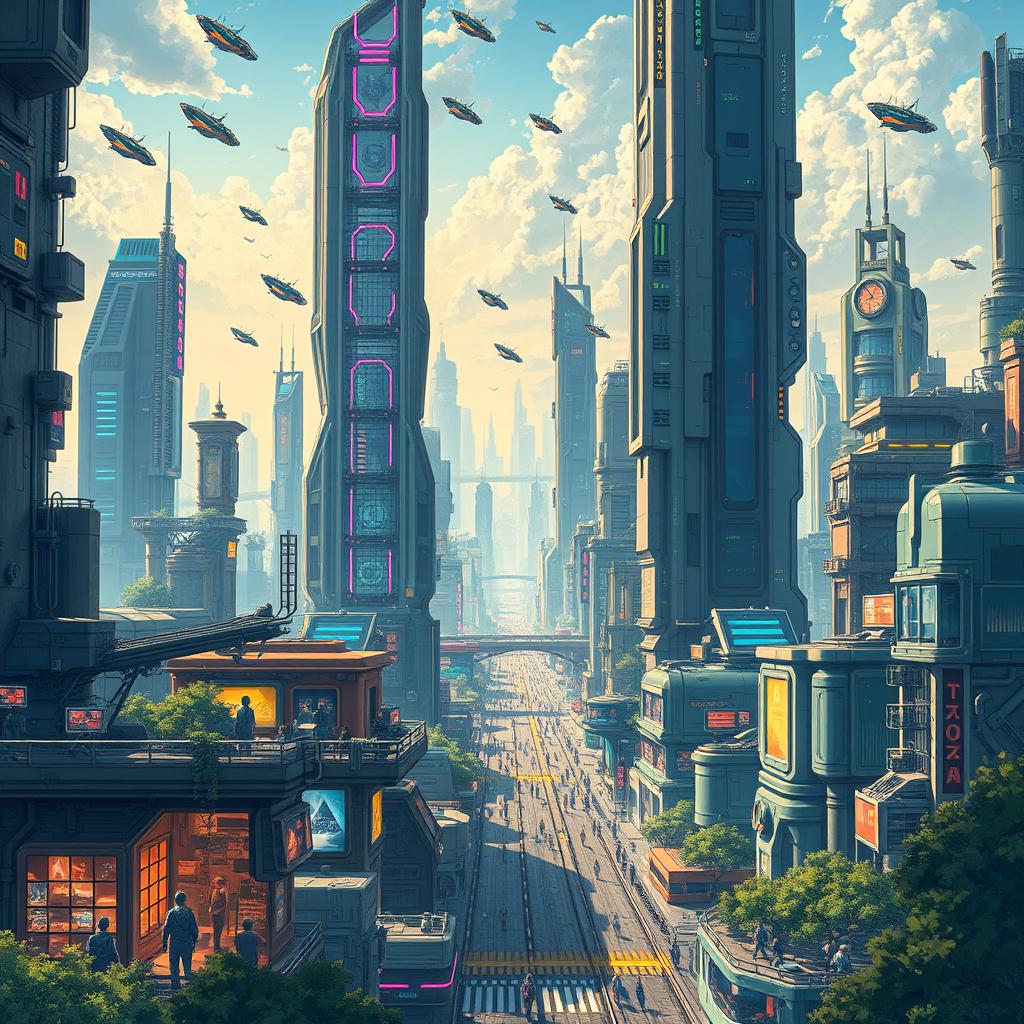 A highly detailed and vibrant illustration of a futuristic city