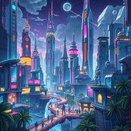 A highly detailed and vibrant illustration of a futuristic city