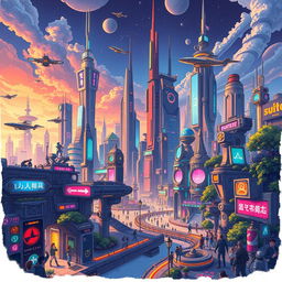 A highly detailed and vibrant illustration of a futuristic city