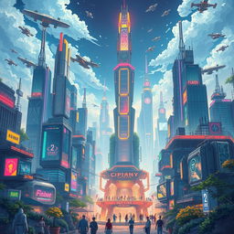 A highly detailed and vibrant illustration of a futuristic city