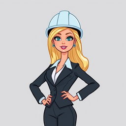 A cartoon-style blonde Barbie doll dressed in a suit with an architect's helmet, shown from the torso up