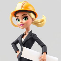 A cartoon-style blonde Barbie doll dressed in a suit with an architect's helmet, shown from the torso up