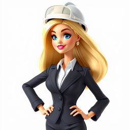 A cartoon-style blonde Barbie doll dressed in a suit with an architect's helmet, shown from the torso up